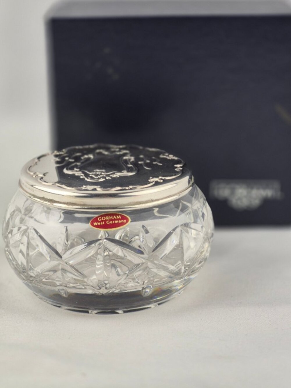 Vintage Gorham Cut Crystal Dresser Vanity Jar Ornate Silver Plate Lid W. Germany